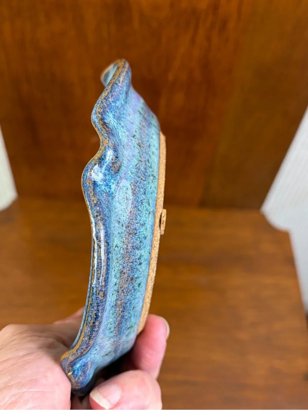 80's Studio Pottery Cerulean Blue Geode Votive Candle Holder Crackled Glass  USA